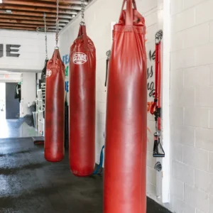 Row of red free-standing punching bags in a gym