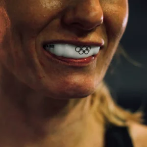 Close-up of an athlete wearing a boil-and-bite mouthguard
