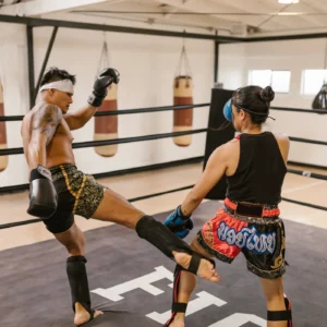 Muay Thai fighters sparring in ripstop fight shorts